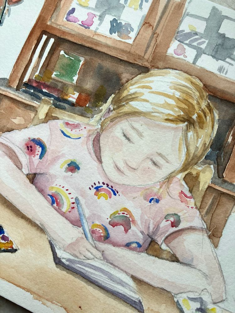 Watercolour sketch of a girl in pyjamas painting