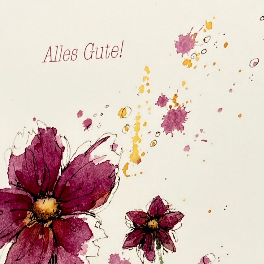 Loose watercolour of pink peonie with writing „all the best“
