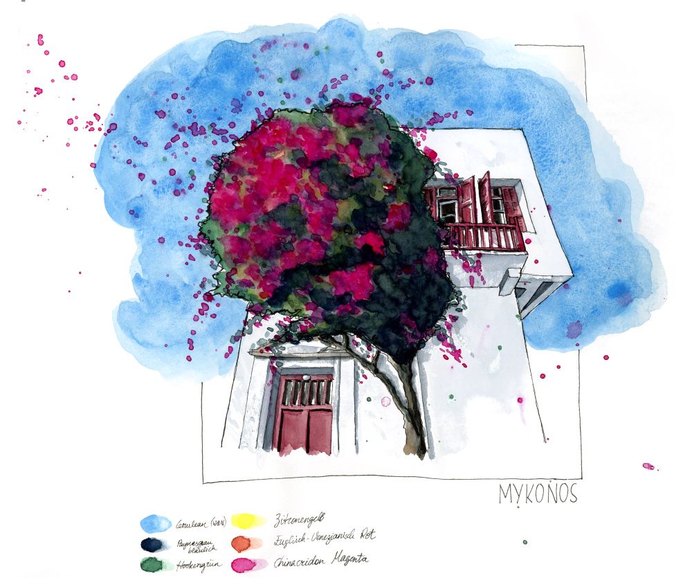 Watercolour of a white building on Greek island of Mykonos with a large pink tree in front. I think they might be Bougainvillea.