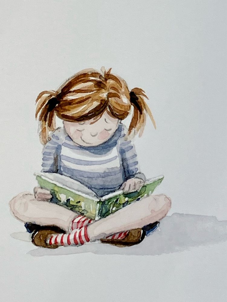 Watercolour illustration of a little happy girl reading a green book.