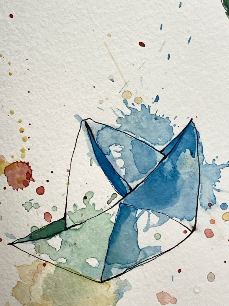 Splashy sketch of paper boat with blue green red and yellow splashes on it 