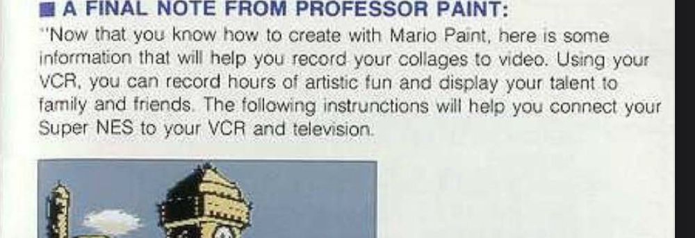 Text from the Mario Paint instruction manual advising players to record their creations with their VCR. 