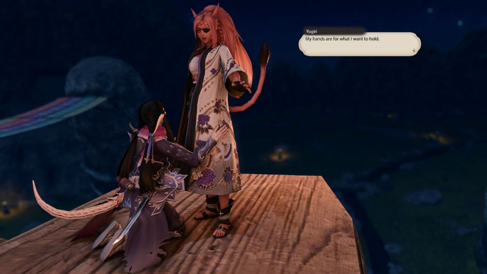 Yugiri, now with her gloves removed, sits on her knees in front of Bris and rests her hands on Bris's legs, on the outside of her robe.  Her head is turned slightly upwards to look at her companion.  Bris's ears and tail are perked in surprise and her left hand is stuck out in a similar gesture of shock.  Yugiri only says "My hands are for what I want to hold"