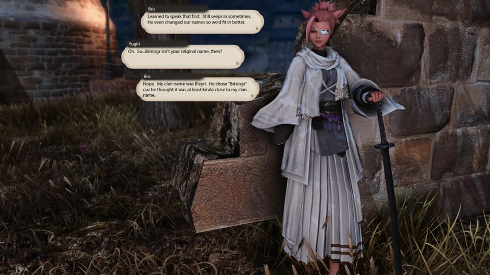 Bris braces her sword against the ground and smiles awkwardly thinking of her childhood.  She explains her father changed their names when they moved to the Doman village, and she reveals to Yugiri her original clan name was B'eyri.