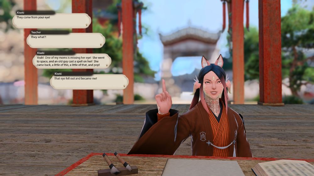 A closer shot of Kiseki as she explains how one of her moms went to space, got a spell cast on her, and then her eye fell out.  The eye became Kiseki.