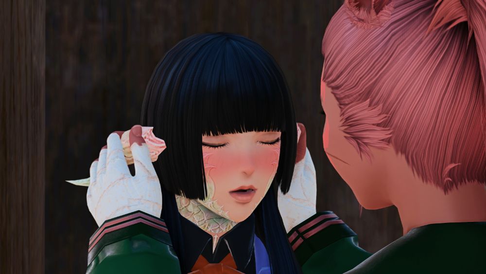 Sukeban AU Bris and Yugiri return.  Bris is holding each of Yugiri's horns, as Yugiri blushes