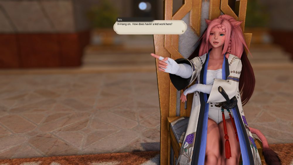 Bris now rests one arm against the hilt of her sword as she points towards Hythlodaeus and Venat.  She asks "Hang on, how does having a kid work here?"