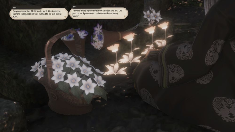 The figure now kneels near a grave.  Multiple baskets and bouquets have been placed at its base, and several golden flowers bloom here as well.  The figure says, "Do you remember Alphinaud's son?  He started his training today, said he was excited to be just like his aunt.  Y'shtola finally figured out how to open the rift.  Did you know, Ryne comes to dinner with me every week?"