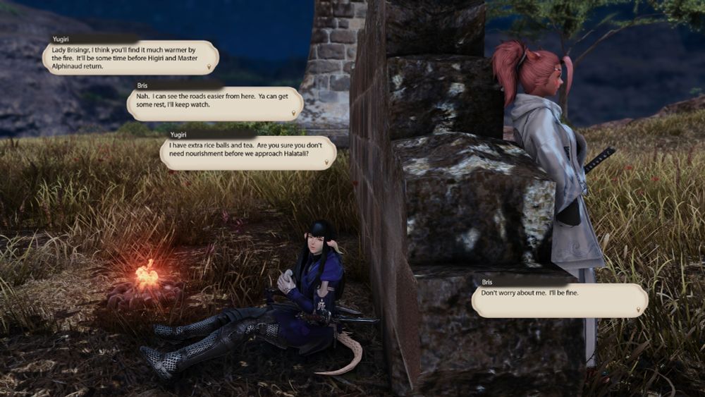 Yugiri sits next to a small campfire on one side of a broken block wall.  Bris stands on the other side of the wall, looking away.  Yugiri is eating a rice ball and tells Bris she should sit next to the fire to warm up and get some rest.  Bris declines, saying she's got a better view of the roads from her spot.