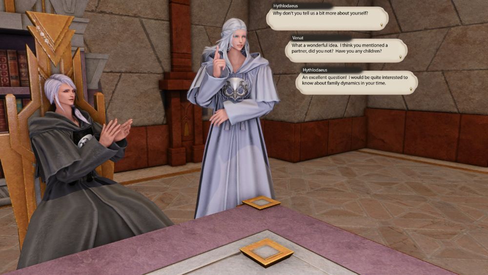 Venat has now joined Hythlodaeus, standing next to his chair at the table.  Hythlodaeus wants to know more about Bris, and Venat agrees.  Venat says Bris mentioned a partner and wants to know if they have children.  Hythlodaeus is now also intrigued, wanting to know about family dynamics from Bris's world.