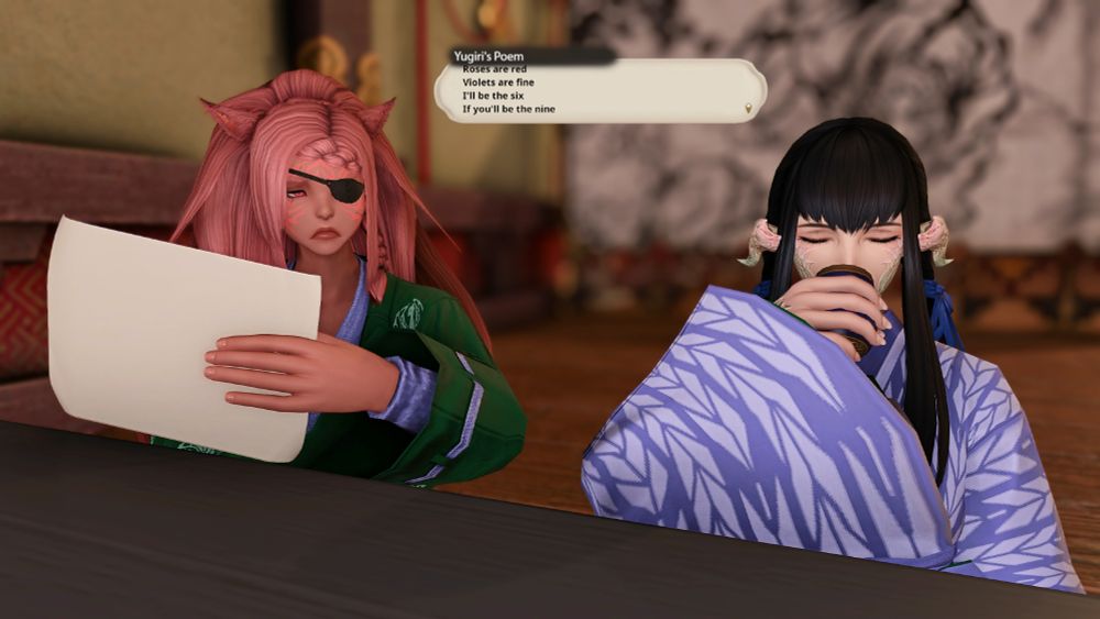 Bris holds the poem but her expression has changed to a bit of a scowl.  Yugiri simply sips from her wine glass with closed eyes.  Her poem reads, "Roses are red / Violets are fine / I'll be the six / If you'll be the nine"