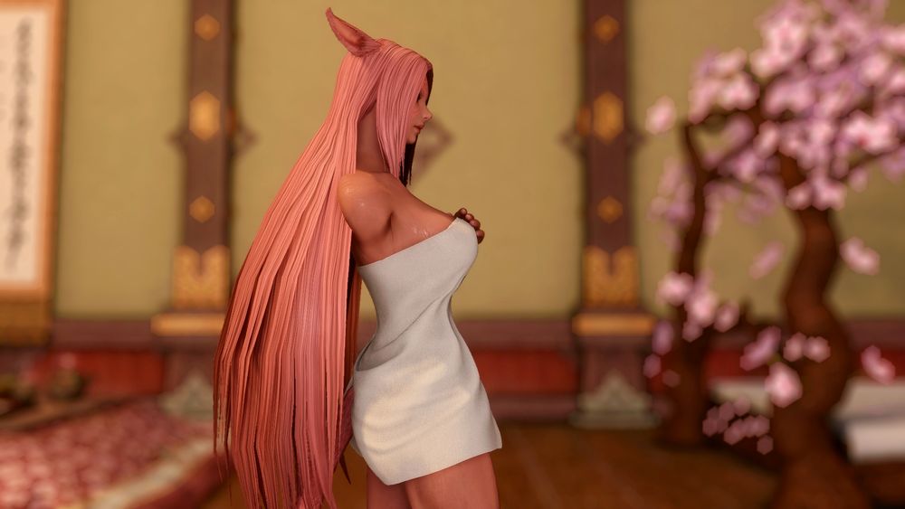 Bris is walking through the house clad in just a towel, having just got out of the bath.  Her hair is down rather than being tied up in its normal lion's mane of a ponytail