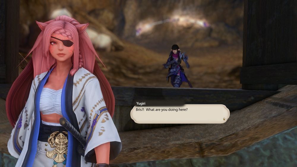 A shot with Bris(?) in the foreground, and Yugiri comes running up behind her into the House of the Fierce.  Yugiri calls out, "Bris?  What are you doing here?"