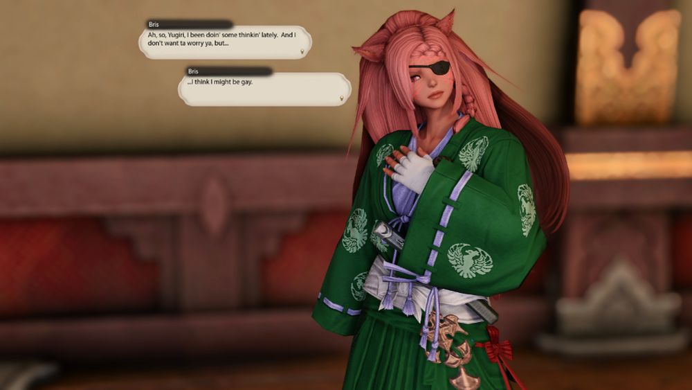 A shot of Bris in her green and purple robe.  Shes got a hand to her chest, and her head is tilted like she's deep in thought.  She says "Yugiri, I've been doing some thinking lately.  And I don't want to worry you, but I think I might be gay."