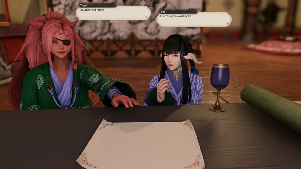 Bris reaches for a piece of paper with Yugiri's poem as Yugiri says "Now read mine!"  Bris replies, "I can't wait to see it."