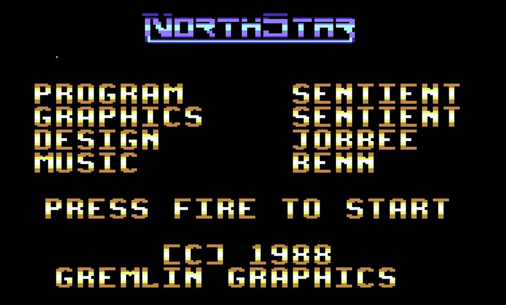 Nothing to see here, just large graphical text of the "Northstar" title screen on the C64. It says Northstar and press fire to start and a copyright thang.