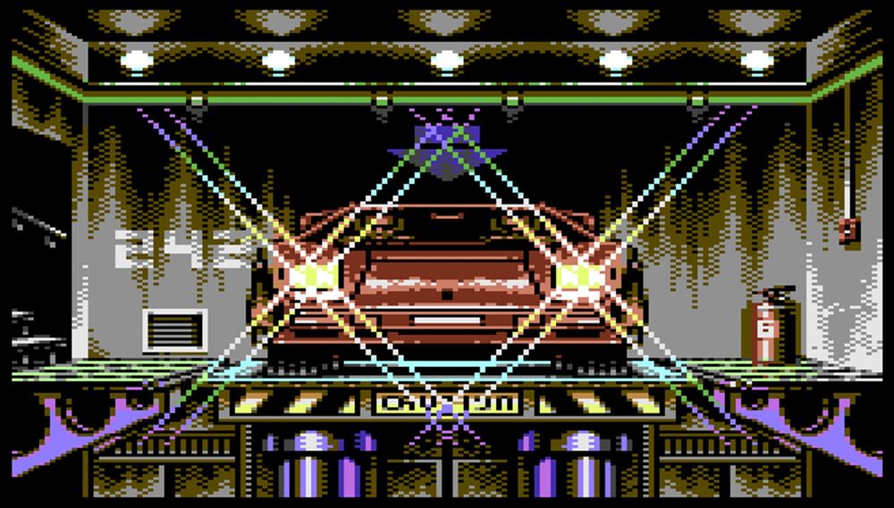 A sexy red car is beaming its lights at you in an underground secret base.