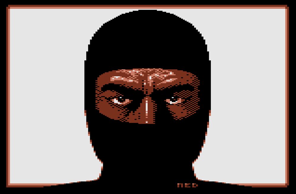 A ninja in a black balaclava - it's the Shinobi loading screen on the Commodore 64.