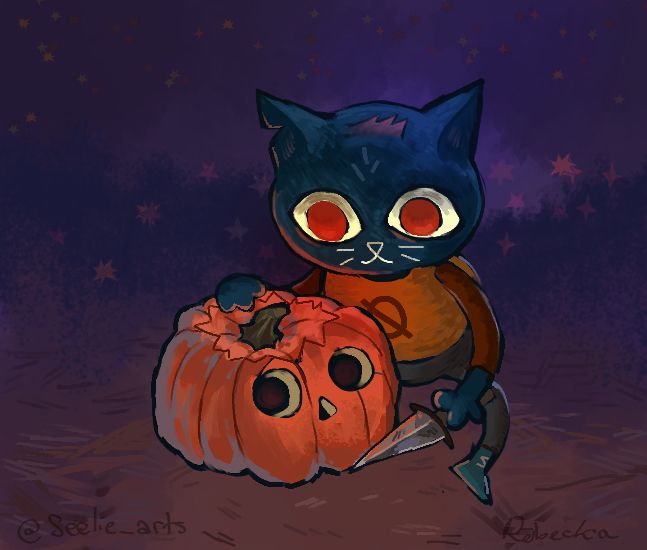 Mae Borowski from night in the woods carving a pumpkin fanart

