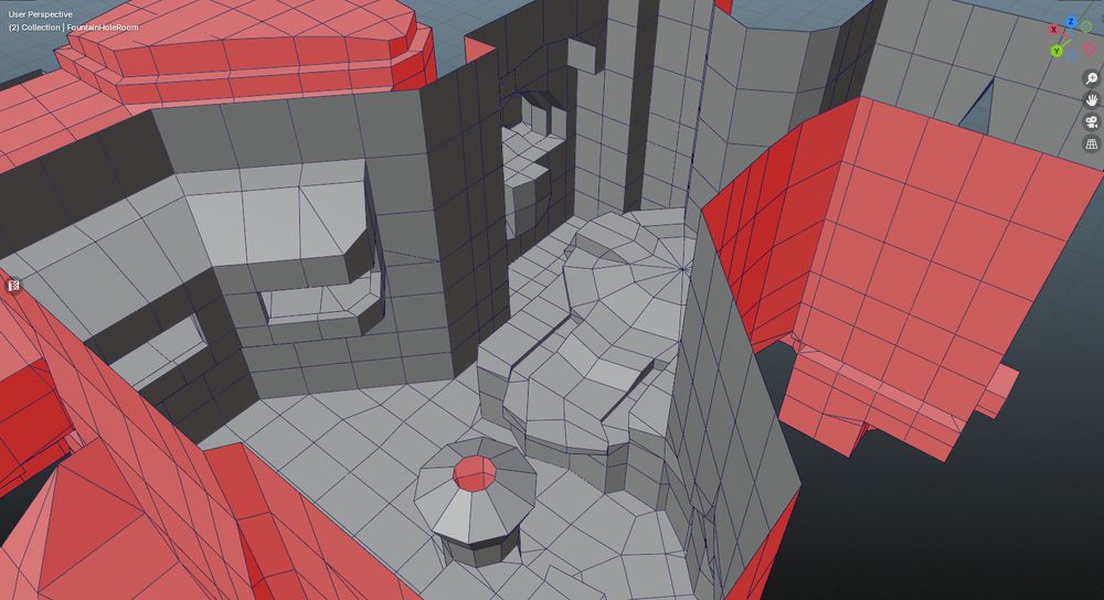 A low poly, untextured 3d model of a large outdoor courtyard with a broken bridge.