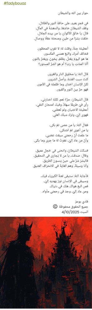 #fadybouaz

حوار بين الله والشيطان

في فجرٍ بعيدٍ، على حافةِ النورِ والظلال،
وقفَ الشيطانُ خاشعًا، والدهشةُ في المآل،
قالَ: يا خالقَ الأكوانِ، يا من بيدهِ الجلال،
خلقتَ بشرًا من طينٍ، ومنحتَهُ عقلًا ووصال.

أعطيتَهُ جنةً، وقلتَ لهُ: لا تقربِ المحظور،
فخالفَ أمركَ، واتبعَ همسي المكسور،
ها هو اليومَ يقتلُ، يظلمُ، يخونُ، ويغترُّ بالنور،
أأنا المذنبُ يا ربّ؟ أم هو الشرُّ المستور؟

قالَ اللهُ: يا مخلوقَ النارِ والغرور،
كنتَ سببَ الفتنةِ، وأصلَ الشرور،
لكنَّ الإنسانَ اختارَ، وما ظلمتُهُ في الأمور،
فهو حرٌّ بينَ النورِ والقبور.

قالَ الشيطانُ: حرٌّ؟ نعم، لكنَّهُ اختارَني،
رأى فيَّ طريقًا سهلاً، وفيكَ امتحانَ التقي،
أعطيتَهُ الاختيارَ، ولم تُعطني،
فهوى إليَّ، وتركَ سُبلكَ العلي.

فقالَ اللهُ: يا من عصى ثمَّ بكى،
يا من أغوى ثمَّ اشتكى،
ما علمتَ أنَّ رحمتي سبقتْ غضبي،
وأنَّ من عادَ إليَّ، غفرتُ لهُ ما جرى وما بكى.

فسكتَ الشيطانُ، وانحنى في خجلٍ عميق،
وقالَ: صدقتَ، يا من لا يُجارى في التحقيق،
فالبشرُ شرٌّ منِّي حينَ ينسونَ الطريق،
وأنا وسيلةٌ، وهم الغايةُ في الانحرافِ العتيق.

فأجابهُ اللهُ: ستبقى لعنةُ الكبرياءِ فيكَ،
وسيبقى في الإنسانِ نورٌ يهديهِ إليَّ،
فمن اتبعَ هواكَ، هلكَ في دنياكَ،
ومن عادَ إليَّ، وجدَ في رحمتي مأواه.

فادي بوعز
جميع الحقوق محفوظة ©️
السبت 4/10/2025 