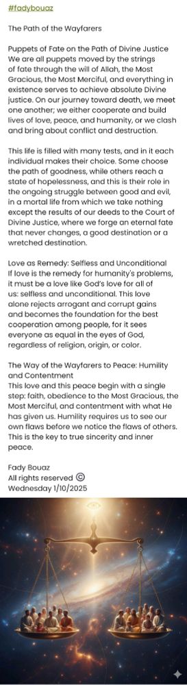 #fadybouaz 

The Path of the Wayfarers

Puppets of Fate on the Path of Divine Justice
We are all puppets moved by the strings of fate through the will of Allah, the Most Gracious, the Most Merciful, and everything in existence serves to achieve absolute Divine justice. On our journey toward death, we meet one another; we either cooperate and build lives of love, peace, and humanity, or we clash and bring about conflict and destruction.

This life is filled with many tests, and in it each individual makes their choice. Some choose the path of goodness, while others reach a state of hopelessness, and this is their role in the ongoing struggle between good and evil, in a mortal life from which we take nothing except the results of our deeds to the Court of Divine Justice, where we forge an eternal fate that never changes, a good destination or a wretched destination. 

Love as Remedy: Selfless and Unconditional
If love is the remedy for humanity's problems, it must be a love like God’s love for all of us: selfless and unconditional. This love alone rejects arrogant and corrupt gains and becomes the foundation for the best cooperation among people, for it sees everyone as equal in the eyes of God, regardless of religion, origin, or color.

The Way of the Wayfarers to Peace: Humility and Contentment
This love and this peace begin with a single step: faith, obedience to the Most Gracious, the Most Merciful, and contentment with what He has given us. Humility requires us to see our own flaws before we notice the flaws of others. This is the key to true sincerity and inner peace.

Fady Bouaz 
All rights reserved ©️ 
Wednesday 1/10/2025