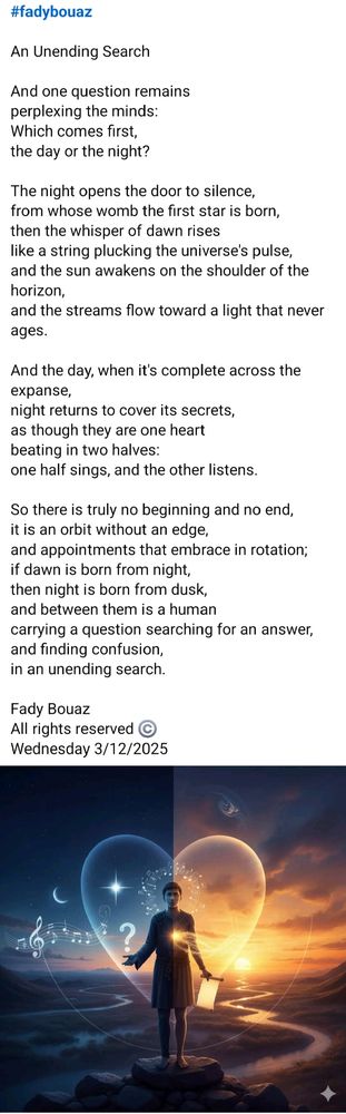 #fadybouaz 

An Unending Search

And one question remains
perplexing the minds:
Which comes first,
the day or the night?

The night opens the door to silence,
from whose womb the first star is born,
then the whisper of dawn rises
like a string plucking the universe's pulse,
and the sun awakens on the shoulder of the horizon,
and the streams flow toward a light that never ages.

And the day, when it's complete across the expanse,
night returns to cover its secrets,
as though they are one heart
beating in two halves:
one half sings, and the other listens.

So there is truly no beginning and no end,
it is an orbit without an edge,
and appointments that embrace in rotation;
if dawn is born from night,
then night is born from dusk,
and between them is a human
carrying a question searching for an answer,
and finding confusion,
in an unending search.

Fady Bouaz 
All rights reserved ©️ 
Wednesday 3/12/2025