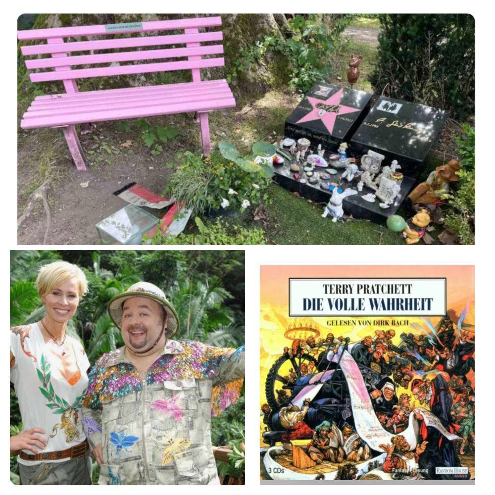 Foto von Dirk Bachs Grab, Dirk Bach mit Sonja Zietlow, Cover von "Die volle Wahrheit" bin Terry Pratchett, gelesen von Dirk Bach