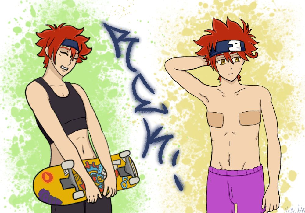 two half body illustrations of Kyan Reki from SK8 the Infinity. In one he's wearing a binder and holding a skateboard. In the other, he's wearing trans tape and purple/pink boxers.