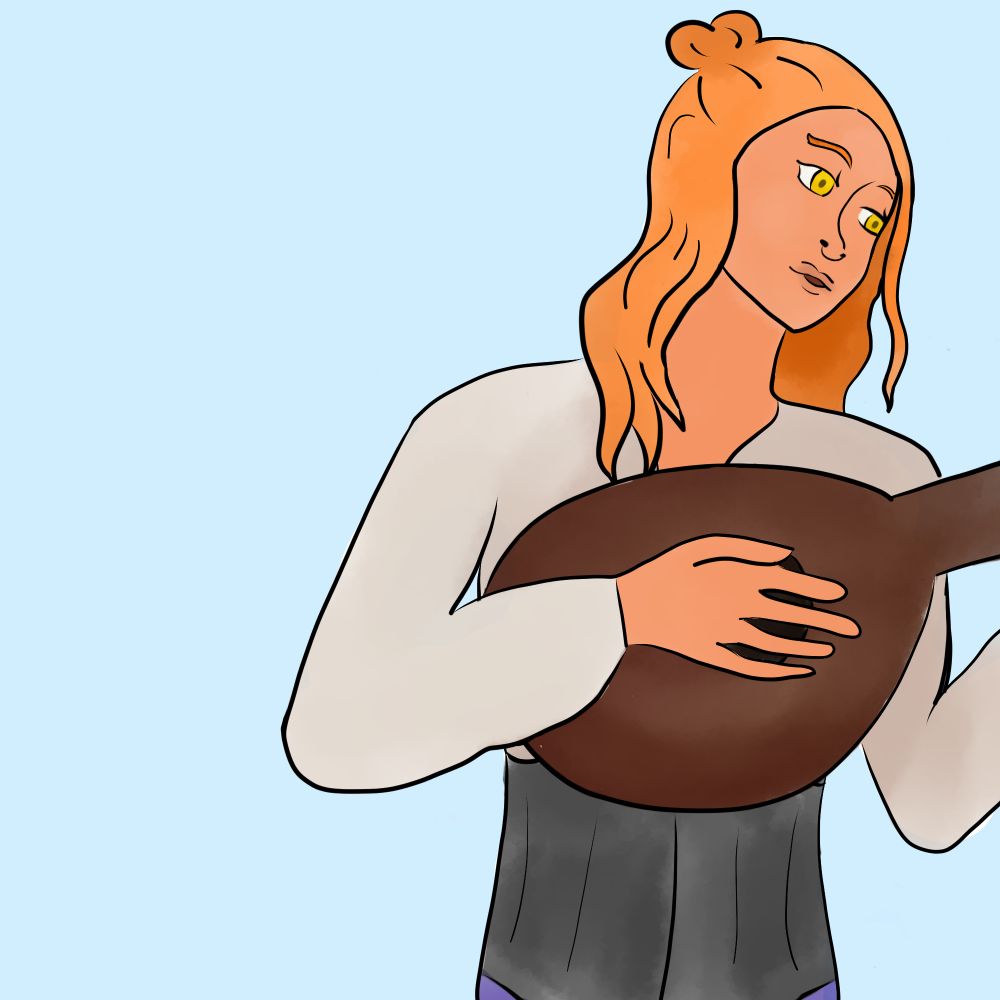 Drawing of a pretty individual holding a lute and wearing a corset. Cante has yellow eyes and orange hair. 