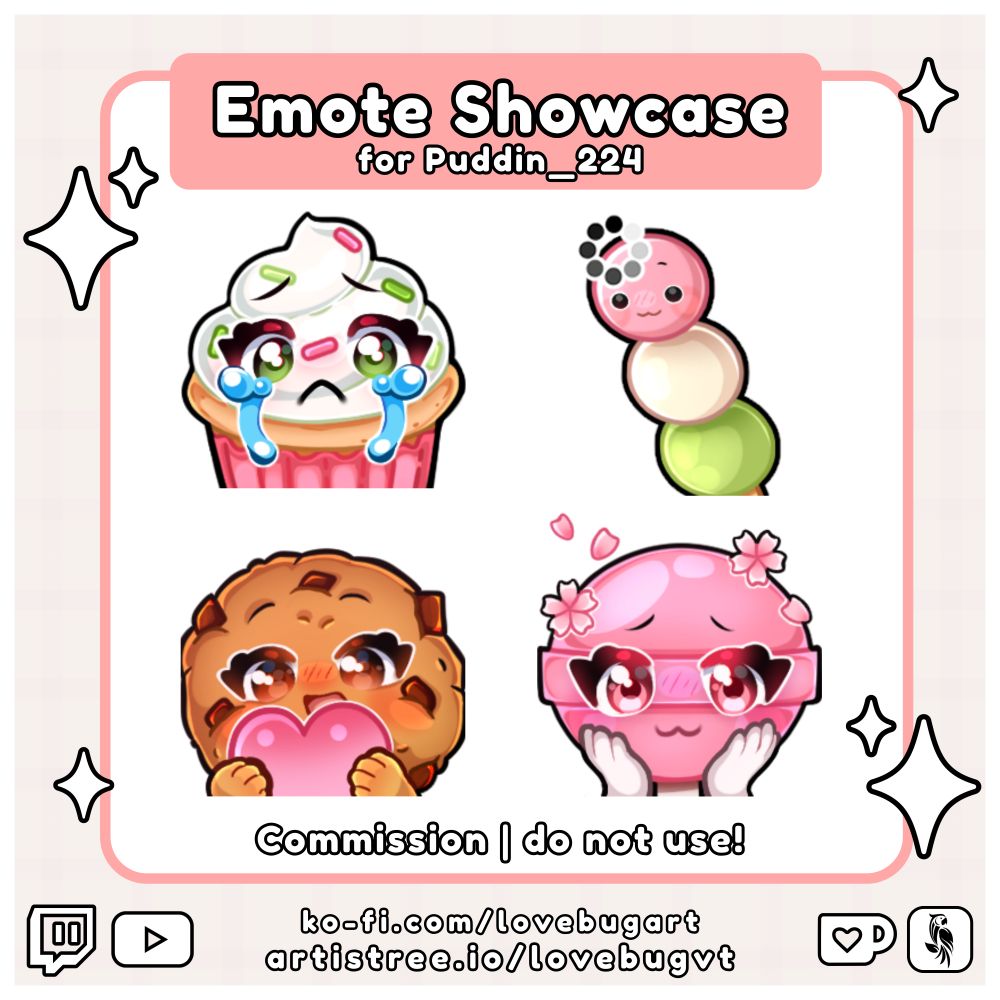 A graphic showcasing 4 dessert-themed emotes for Puddin_224 on Twitch. The emotes are: a sad cupcake, a "loading" dango, a cookie holding a heart, and a blushing pink lollipop. 