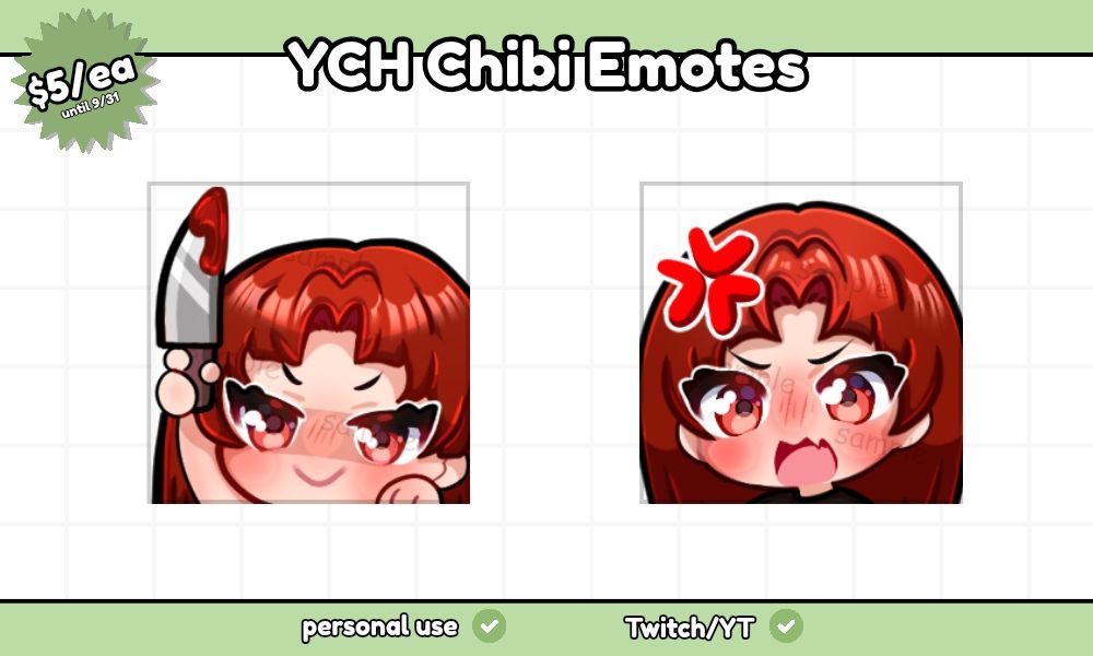 A graphic showcasing YCH Twitch emotes you can commission on Artistree!