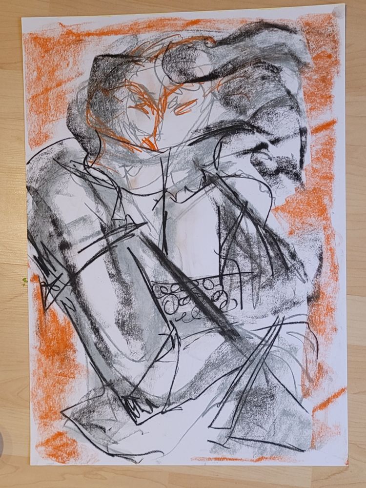 very rough pastel chalk drawing of a knight with a sword in greyscale and red