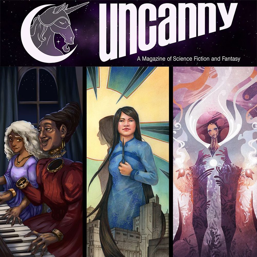 Uncanny Magazine Year 11 Covers: The Duet by Nilah Magruder, Barbershops of the Floating City by Grace P. Fong, and Blessed Universe by Galen Dara