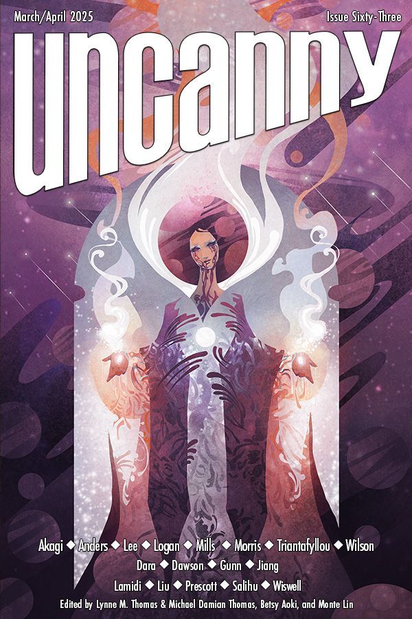 Cover for Issue 63 of Uncanny Magazine, art by Galen Dara titled "Blessed Universe." The central figure wears purple and silver priestly robes with a bright sun-like circle in the center of their chest. Splashes of dark purple criss-cross across the robes. They have their hands outstretched palm up, a glowing spot on each emits white vapor-like smoke. The figure appears to have dark purple tears streaming from their eyes flowing down their chin and neck. Their hair appears as a dark purple halo with planet-like spheres within, and more vapors trail upwards. They stand in front of a portal-like arch of silver, and in the background purple splashes resemble gas clouds, light purple circles resemble planets, and bright light pinpoints with white trails resemble stars.
