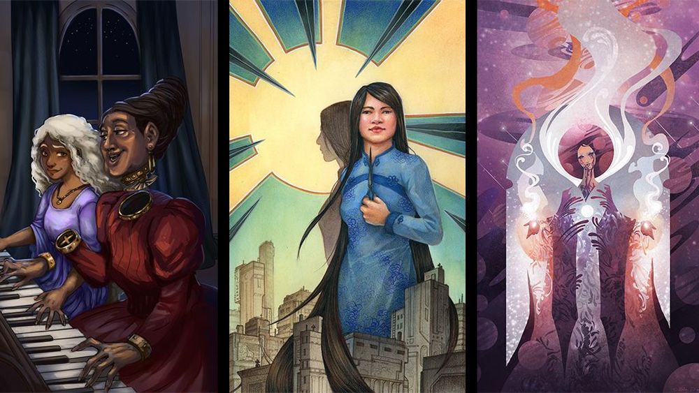 Uncanny Magazine Year 11 Covers: The Duet by Nilah Magruder, Barbershops of the Floating City by Grace P. Fong, and Blessed Universe by Galen Dara. 