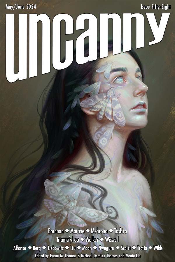 cover of issue 58, titled "Stasis" by Zara Alfonso depicts a brown gray background and a femme-presenting person with long dark hair staring up into space. Her eyes are glazed over white and her lips (and overall complexion) is a gray-blue-white. Moths of a pale-gray-blue-white rest on her face and shoulder