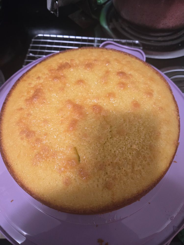 Olive oil cake, reasonably well baked.  It has a small slit where the doneness of the bake was tested.