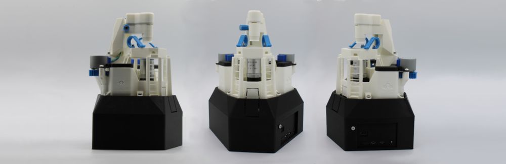 A composite image of an OpenFlexure Microscope from 3 angles