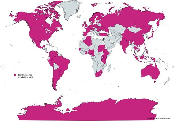 Map of the world with countries where we know OpenFlexure has been built and/or used coloured in pink.
Coloured countries:
UK, USA, Tanzania, China, Antarctica, Russia, Australia, Ireland, Argentina, Kenya, India, Turkey, Germany, Chile, Cameroon, Singapore, The Netherlands, Peru, South Africa, Philippines, Norway, Panama, Uganda, Taiwan, Belgium, Canada, Ghana, Japan, Sweden, Brazil, Algeria, Israel, France, Colombia, Ethiopia, Sri Lanka, Spain, Venezuela, The Gambia, Indonesia, Finland, Mexico, Nigeria, Nepal, Switzerland, Paraguay, Sudan, Vietnam, Slovenia, Uruguay, Rwanda, Thailand, Denmark, Senegal, Austria, Romania, Poland, Ukraine, Latvia