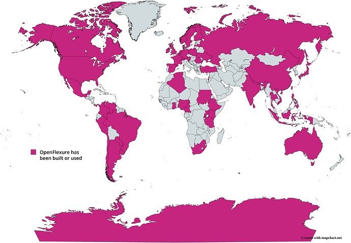 A map of all locations the OpenFlexure Microscope has been built or used in. 58 countries/territories on all seven continents are highlighted in pink.