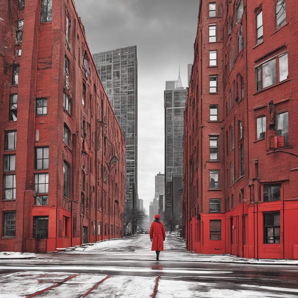 ...a red building with black windows and a person walking down the street; red brick buildings...