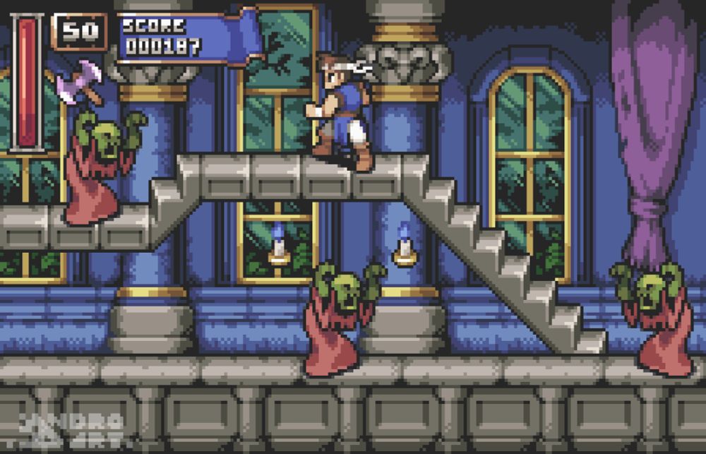 Maqueta del videojuego Castlevania Rondo of blood con un estilo de pixel art único donde se presenta la primera escena dentro del castillo, con Richter Belmont sobre las escaleras mientras pelea contra zombies enemigos típicos de castlevania