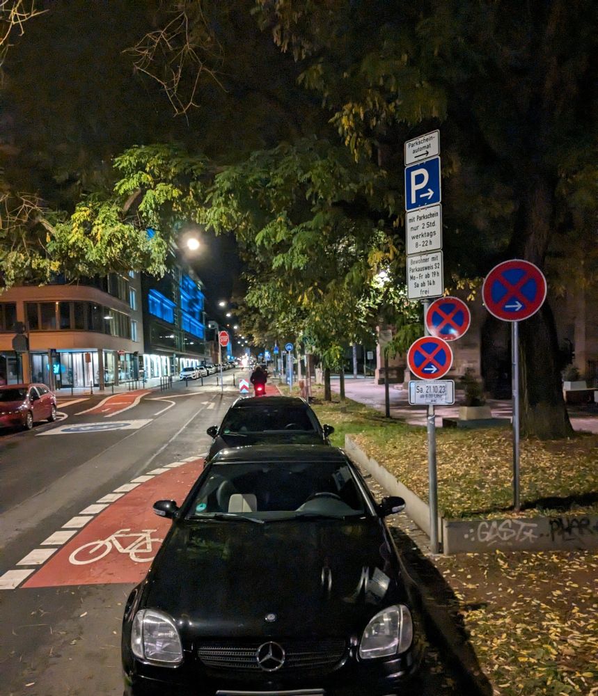 Zwei Kfz, geparkt entgegen der Fahrtrichtung, eines davon auf einem rot markierten Fahrradstreifen. Daneben drei Verkehrszeichen "absolutes Haltverbot".
