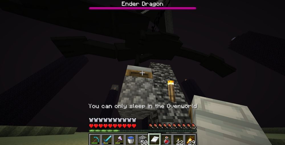 Attempting to use beds to kill the Minecraft Ender Dragon, instead getting the popup "You can only sleep in the Overworld"