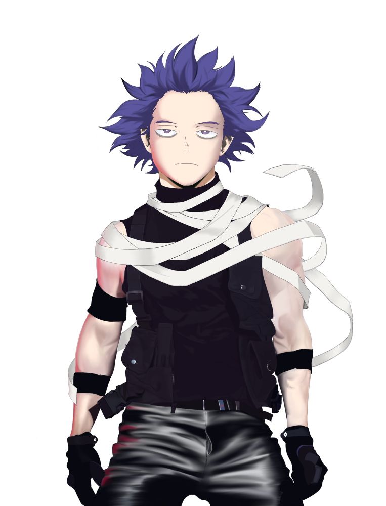 Art of Shinsou Hitoshi, a character from the manga/anime, Boku No Hero Academia (My Hero Academia) wearing black leather pants, black gloves, arms straps, a belt, black sleeveless turtleneck, a vest strap with pouches and his white capture weapon similar to that of his teacher Aizawa Shouta & red lighting on the right side of his body (our left), the kpop artist Wonho was used as a reference.
