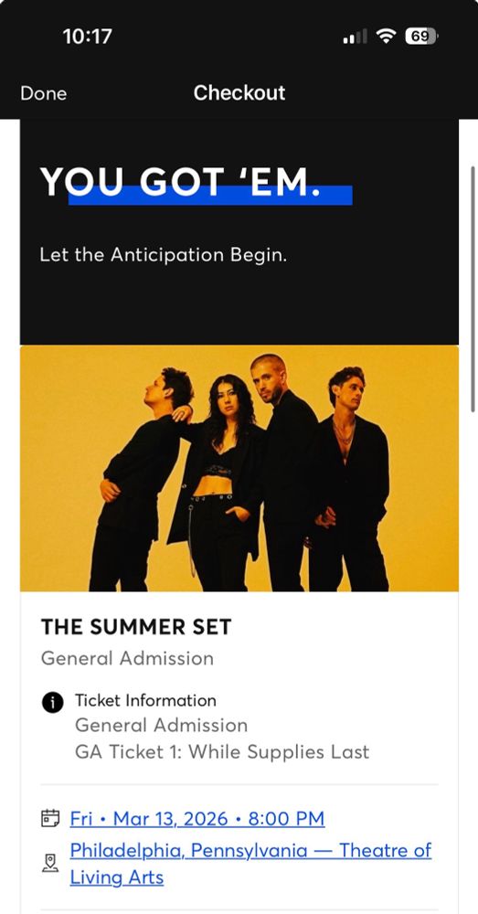 Screenshot of tickets to see the summer set 