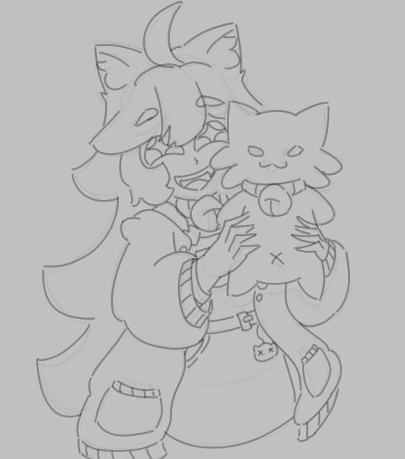 A WIP sketch of ‪@fleshy.bsky.social‬ holding up the Fleshlings (their community mascot) with a happy starry-eye'ed expression