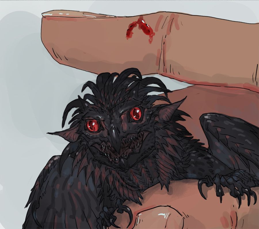 Pawn Liam in a ridiculously small form has bitten his Arisen, Kraus. Based off a photo of an Arboreal Salamander. 