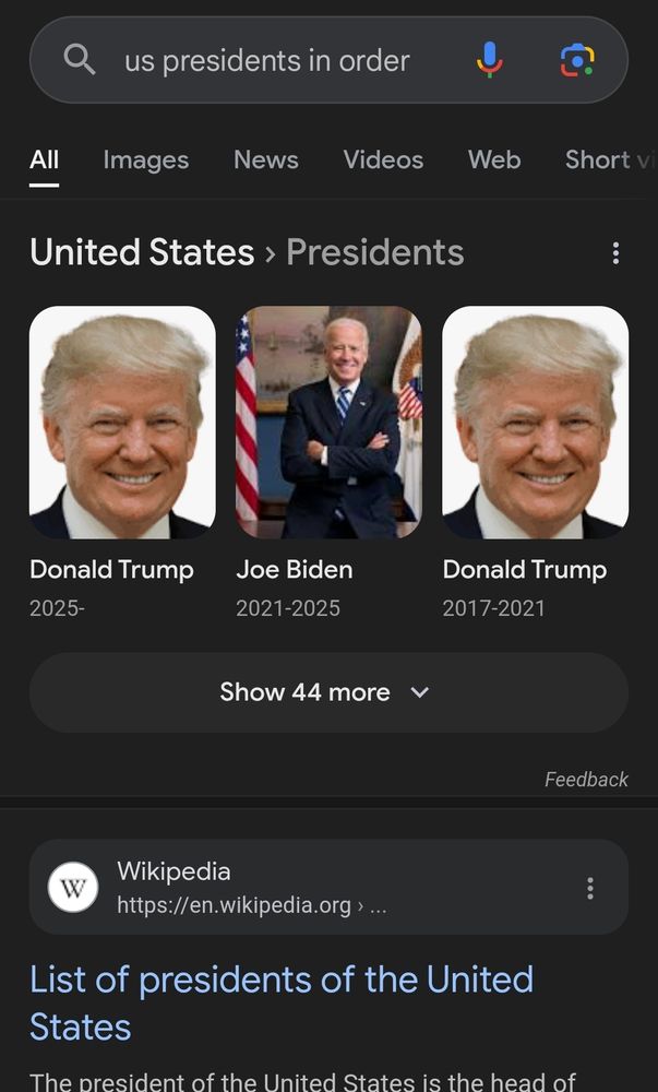 Google search of US presidents in order. 